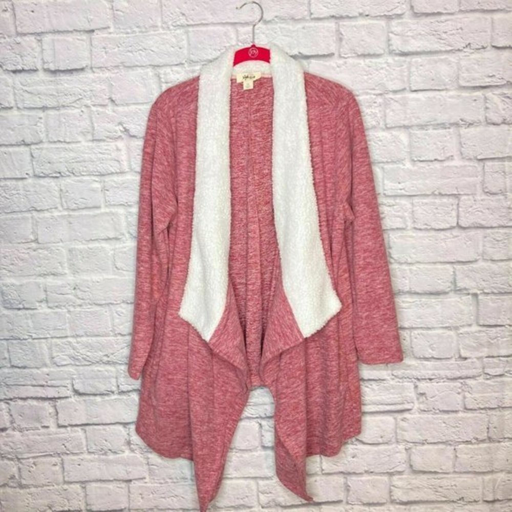 New Style & Co 1X Red White Sherpa Collar Draped Open Front Cardigan‎ Sweater